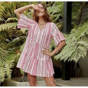 Velvet by Graham & Spencer Madelina Printed Boho Chic Pink Tiered Dress Sz S